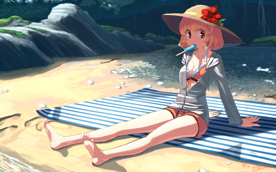 1girl aki_shizuha barefoot bikini bikini_shorts blonde_hair breasts cleavage flower hat hat_flower jacket jacket_over_swimsuit looking_at_viewer mouth_hold orange_bikini popsicle red_eyes short_hair sitting solo sun_hat swimsuit takuzui touhou