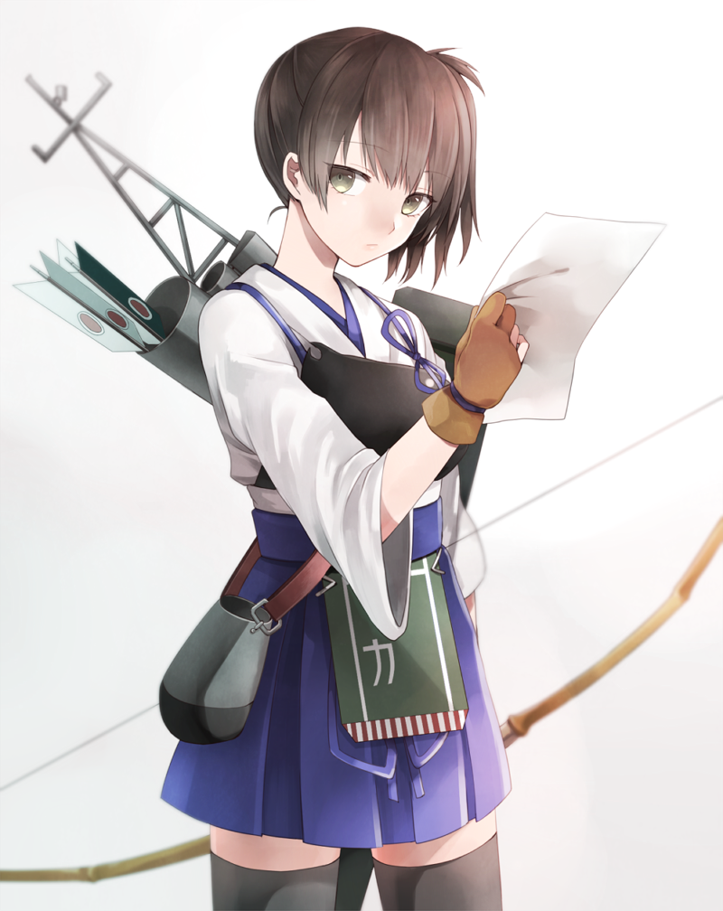 1girl armor arrow bow brown_eyes brown_hair gloves kaga_(kantai_collection) kantai_collection machinery personification ponytail side_ponytail solo thighhighs veryberry00