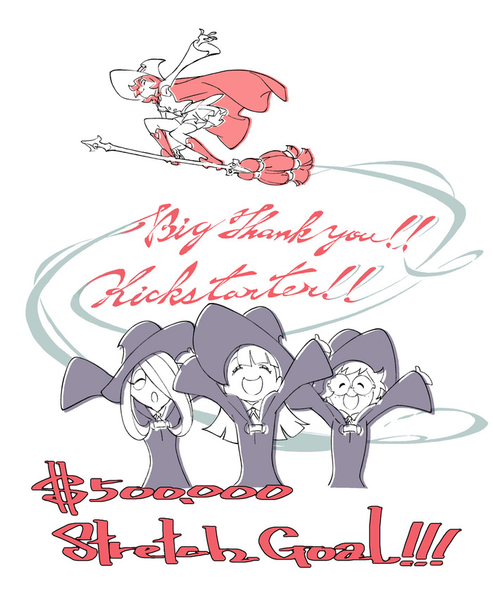 4girls akko_kagari artist_request boots broom broom_riding closed_eyes dollar_sign dress english glasses hair_over_eyes hair_over_one_eye happy hat kickstarter little_witch_academia long_hair lotte_yanson monochrome multiple_girls open_mouth shiny_chariot short_hair simple_background sketch skirt smile sucy_manbabalan thank_you trigger_(company) white_background witch witch_hat