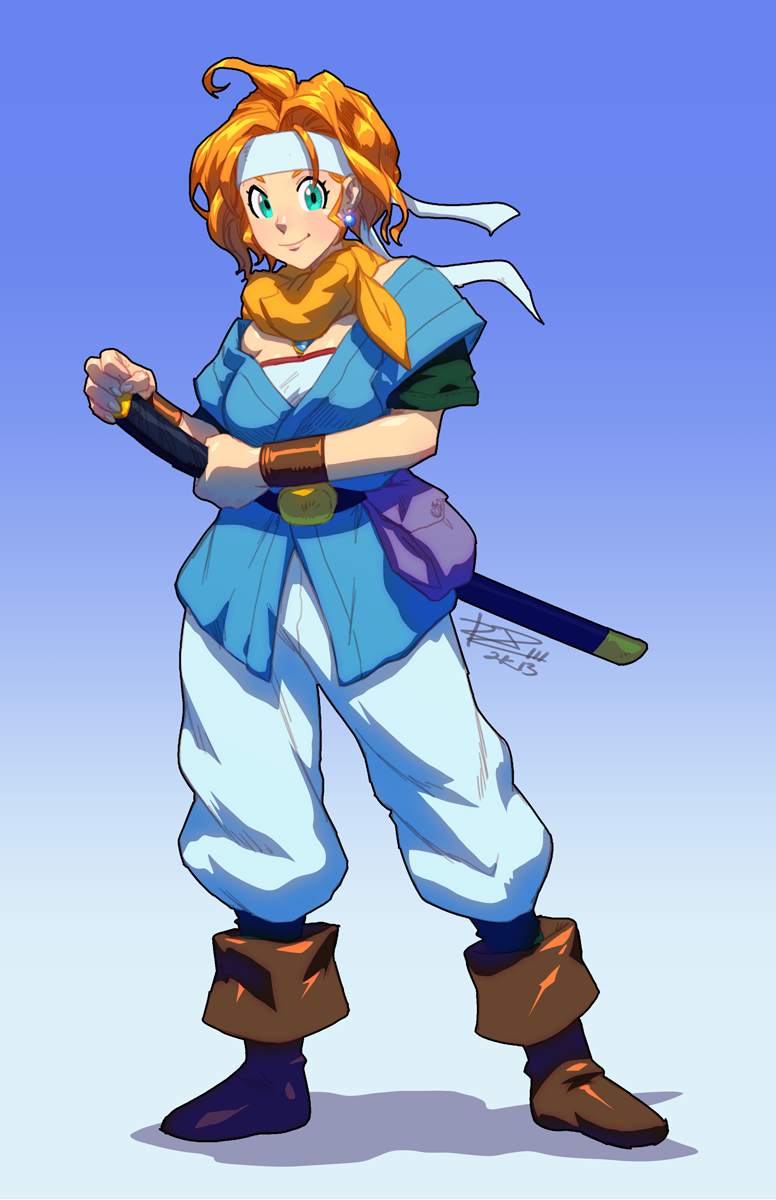 1girl alternate_hair_length alternate_hairstyle belt belt_pouch boots bracer chrono_trigger crono crono_(cosplay) earrings green_eyes headband highres jewelry katana marle orange_hair robaato scarf sheath sheathed short_hair smile solo sword weapon