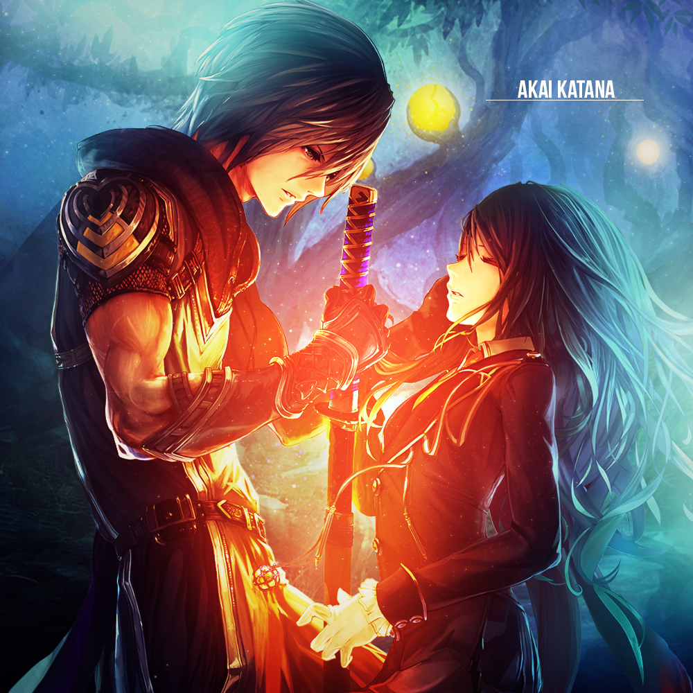 akai_katana couple fantasy katana magic sparkles