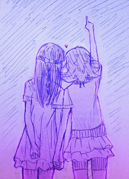 2girls aida_mana arm_up couple dokidoki!_precure from_behind hishikawa_rikka holding_hands long_hair minu multiple_girls outstretched_arm pointing precure short_hair sketch standing yuri
