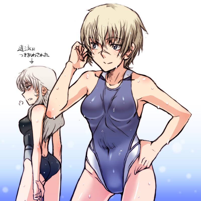 2girls ass bare_shoulders blonde_hair elizabeth_f_beurling facial_mark grey_hair hand_in_hair hand_on_hip hanna_rudel long_hair multiple_girls navel one-piece_swimsuit scar short_hair simple_background strike_witches swimsuit tabigarasu tight_clothing translation_request wet