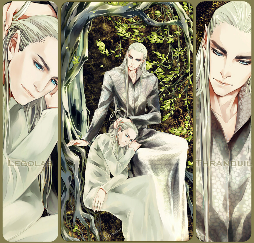 2boys blonde_hair blue_eyes elf father_and_son leftlevine legolas long_hair lord_of_the_rings pointy_ears robe the_hobbit thranduil tree