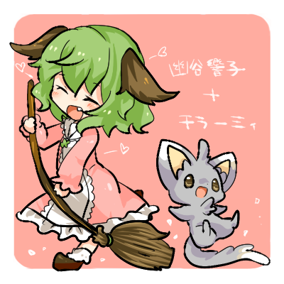 1girl animal_ears broom character_name closed_eyes green_hair kasodani_kyouko lowres minccino open_mouth pink_background pokemon pokemon_(creature) short_hair simple_background smile takamura touhou