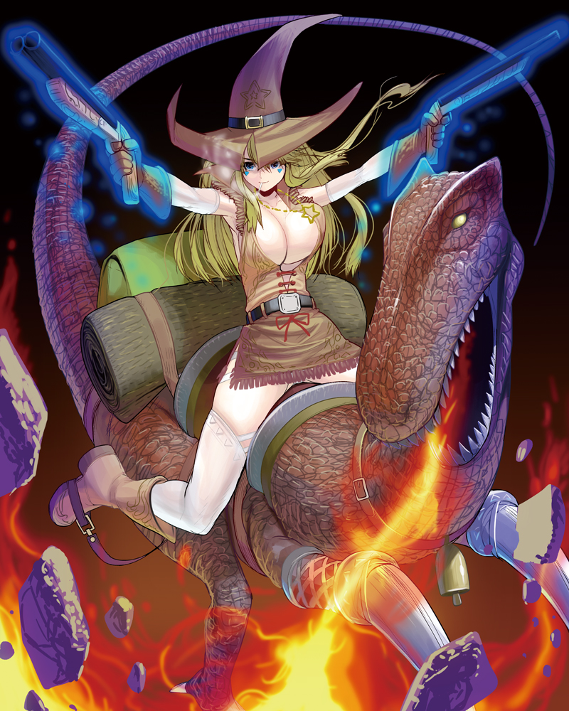 1girl belt blonde_hair blue_eyes boots breasts buckle center_opening cleavage cowboy cowboy_boots dinosaur dual_wielding female fire gloves gun hat large_breasts long_hair masao rock shotgun solo star thighhighs velociraptor weapon western witch_hat