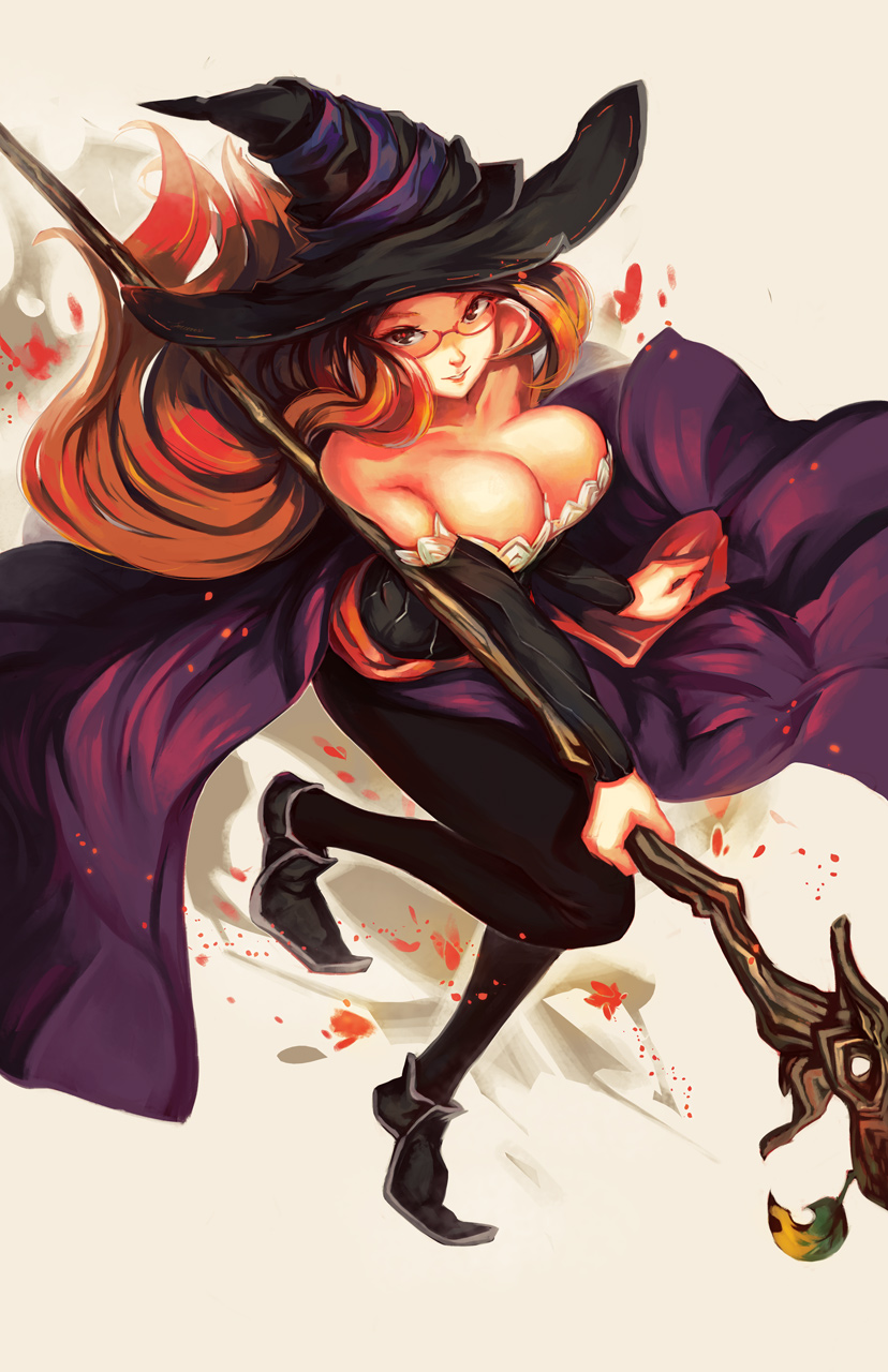 1girl bare_shoulders bespectacled black_legwear breasts cleavage doomfest dragon's_crown glasses hat highres large_breasts long_hair looking_at_viewer red_eyes redhead smile solo sorceress_(dragon's_crown) staff tights witch_hat