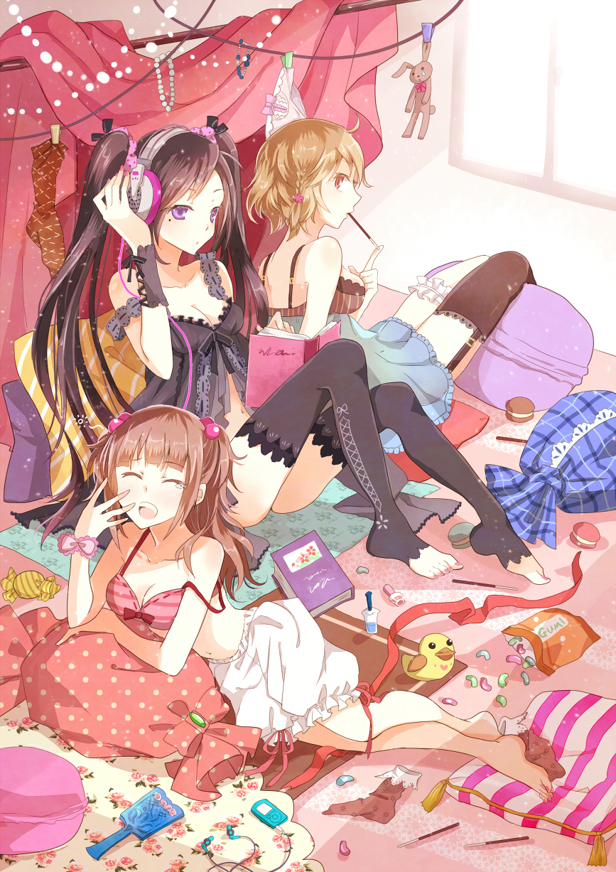 3girls ^_^ asymmetrical_legwear babydoll bird black_hair black_legwear blonde_hair bloomers breasts brown_hair candy cleavage closed_eyes doll duck food_in_mouth garter_straps hair_bobbles hair_ornament headphones highres long_hair mole mouth_hold multiple_girls nekozuki_yuki original pillow pocky rabbit red_eyes shorts socks strap_slip tears thigh-highs twintails two_side_up underwear violet_eyes white_legwear yawning