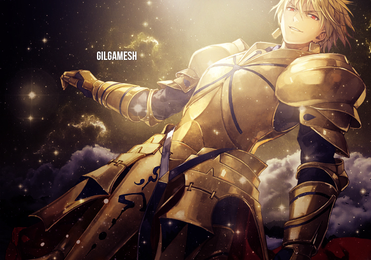 archer archer_class archer_class_servant armor blonde_hair fate/stay_night fate/zero fate_series gilgamesh golden_armor king red_eyes servant sparkles yellow_sparkles