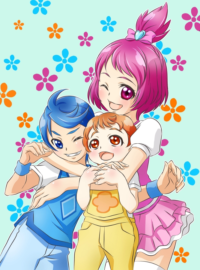 1girl 2boys ahoge blonde_hair blue-fin blue_eyes blue_hair dokidoki!_precure hair_ornament half_updo happy heart looking_at_viewer multiple_boys open_mouth personification pink_eyes pink_hair precure rakeru_(dokidoki!_precure) rance_(dokidoki!_precure) sharuru_(dokidoki!_precure) shirt short_hair skirt smile wink yellow_eyes