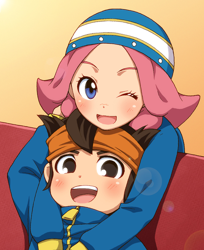 1boy 1girl blue_eyes blush brown_eyes brown_hair endou_mamoru hat hug hug_from_behind inazuma_eleven inazuma_eleven_(series) maron_(quintet_colors) open_mouth pink_hair raimon track_jacket wink zaizen_touko