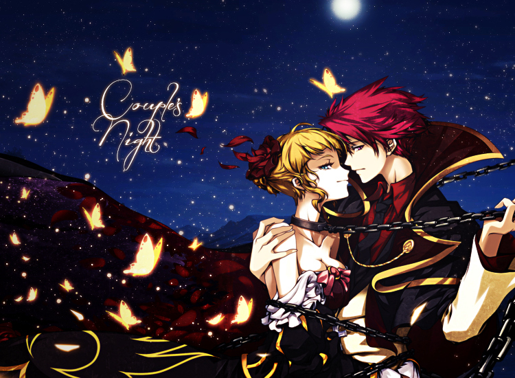 1boy 1girl beatrice blonde_hair blue_eyes butterflies couple fantasy night red_eyes red_hair sparkles umineko_no_naku_koro_ni ushiromiya_battler