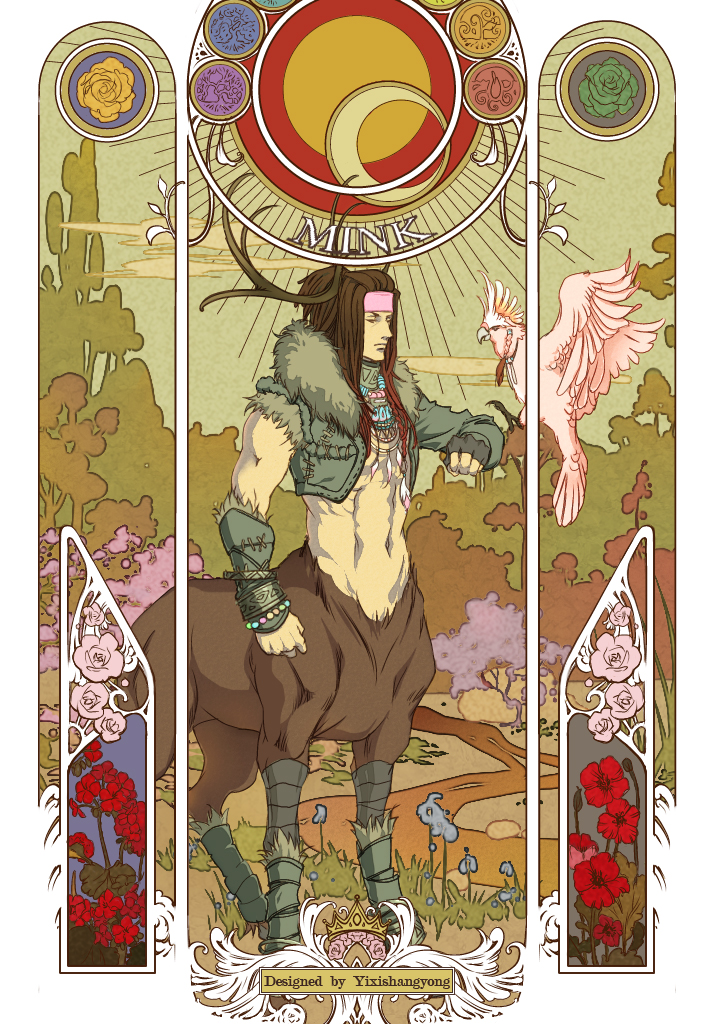 1boy antlers art_nouveau beads bird bracelet brown_hair centaur coat cockatoo dramatical_murder dream_catcher elaborate_frame feathers flower hairlocs headband jewelry long_hair mink_(dramatical_murder) muscle necklace single_sleeve tori_(dramatical_murder) vetania