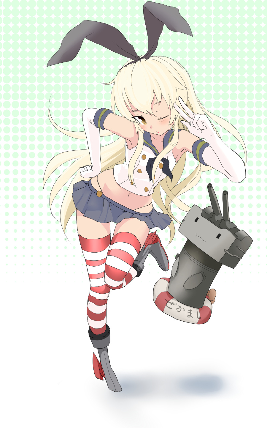 1girl anchor black_panties blonde_hair blush elbow_gloves gloves hairband hand_on_hip highres ishikkoro kantai_collection long_hair looking_at_viewer navel panties personification rensouhou-chan shimakaze_(kantai_collection) skirt solo striped striped_legwear thighhighs underwear v white_gloves wink