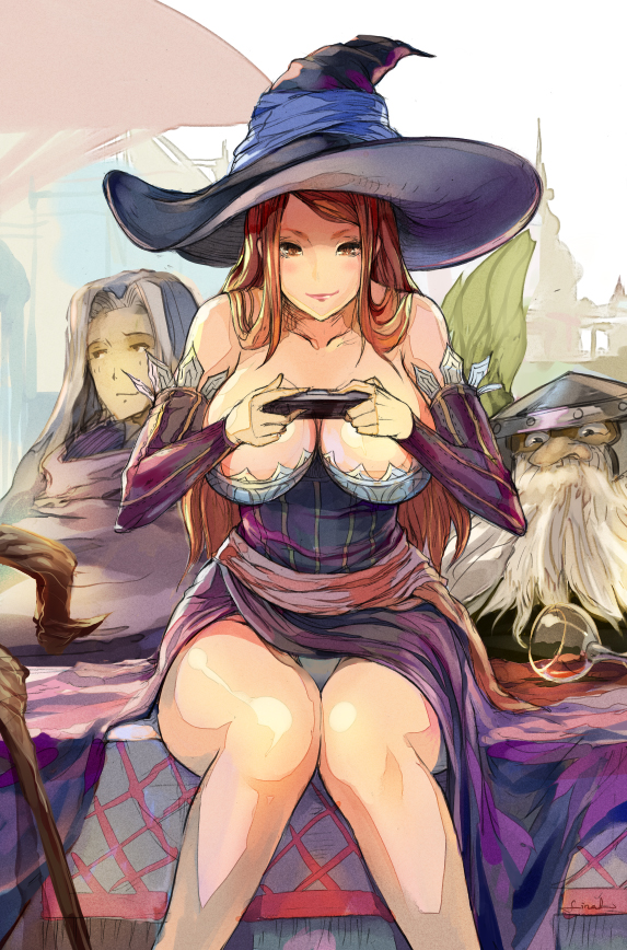 1girl 2boys beard breasts cleavage cup dragon's_crown dwarf_(dragon's_crown) facial_hair final girls_playing_games hat large_breasts outdoors panties pantyshot playing_games playstation_vita redhead sitting smirk sorceress_(dragon's_crown) spilling staff table underwear wine_glass witch_hat wizard_(dragon's_crown)