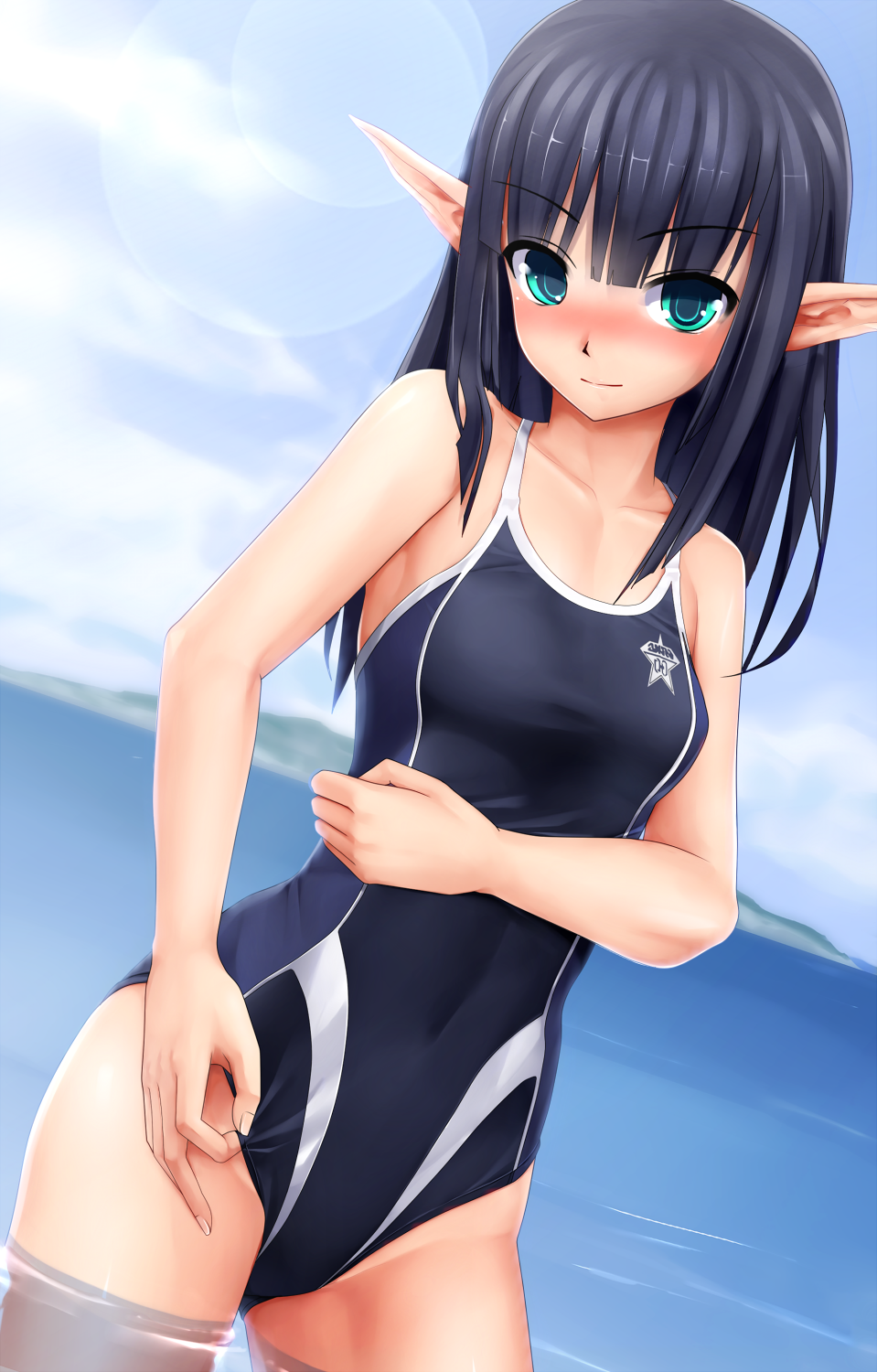 1girl adjusting_clothes adjusting_swimsuit aqua_eyes bangs bare_shoulders black_hair blue_swimsuit blunt_bangs blush clothed_navel competition_swimsuit eto hand_on_stomach highleg highleg_swimsuit highres long_hair long_pointy_ears looking_at_viewer lumia_swimwear mound_of_venus one-piece_swimsuit pointy_ears seductive_smile small_breasts smile solo standing swimsuit wading water
