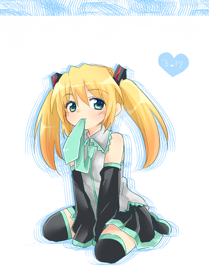 1boy blonde_hair blush boots detached_sleeves green_eyes hatsune_miku_(cosplay) isurugi_miina mochizuki_yomogi mouth_hold necktie skirt sleeves_past_wrists solo thigh_boots thighhighs trap twintails v_arms vocaloid zettai_ryouiki