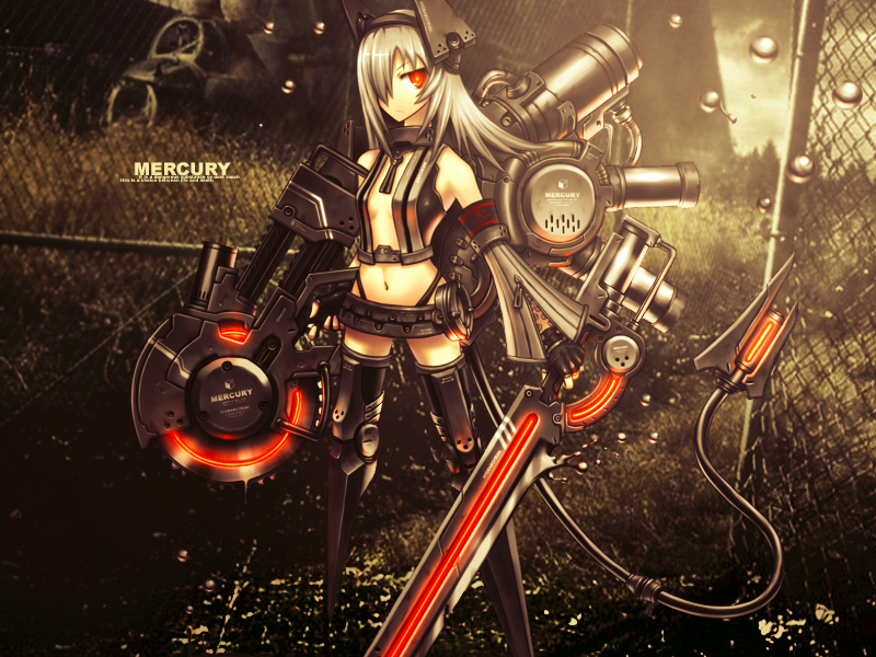 1girl bubbles cyborg gia girl mercury red_eyes silver_hair solo sword