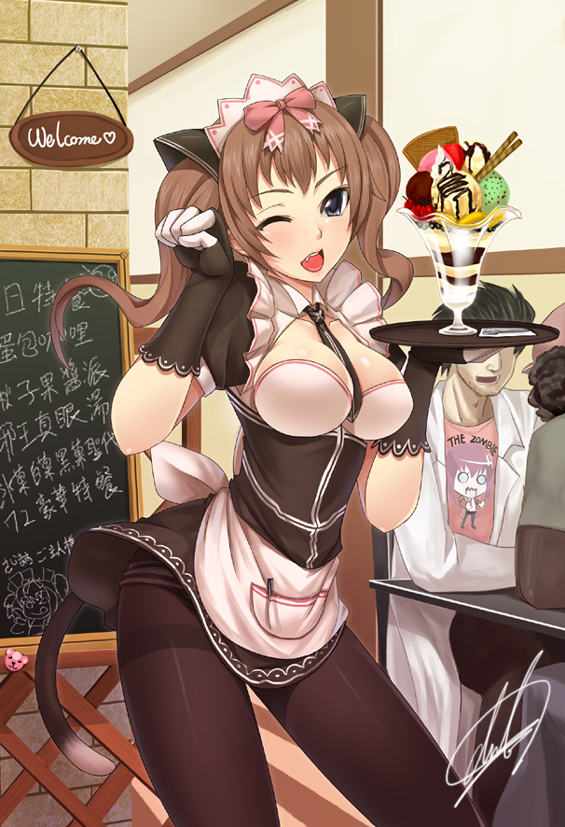 1girl blue_eyes breasts brown_hair cat_tail darkmaya fang long_hair looking_at_viewer necktie open_mouth original signature smile solo tail twintails wink