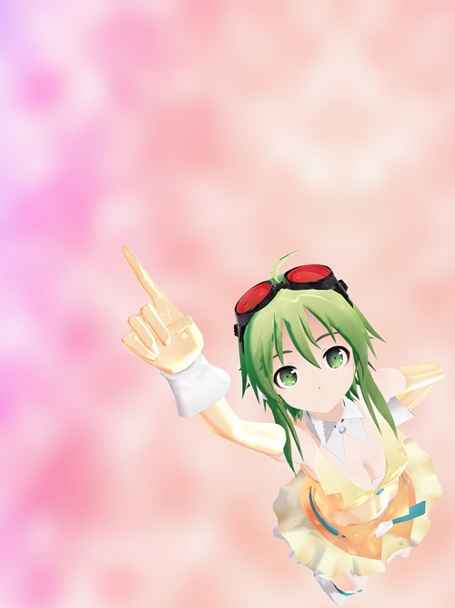 1girl belt dress goggles goggles_on_head green_eyes green_hair gumi looking_at_viewer mikumikudance pointing short_hair solo vocaloid