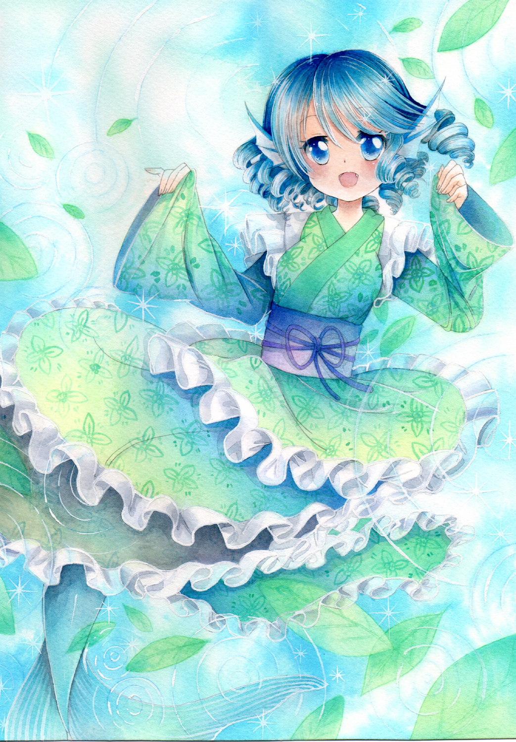 1girl blue_eyes blue_hair curly_hair fang frills head_fins highres japanese_clothes leaf mermaid monster_girl mosho open_mouth smile solo touhou traditional_media underwater wakasagihime water watercolor_(medium)