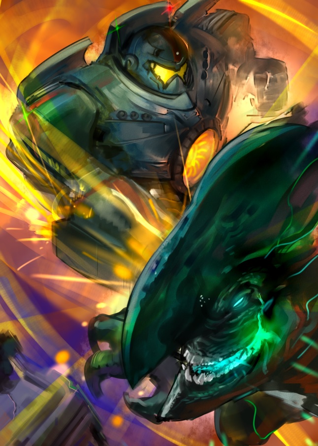 battle character_request gipsy_danger glowing jintetsu kaijuu mecha monster no_humans pacific_rim punching science_fiction super_robot