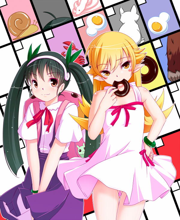 2girls backpack bag black_hair blonde_hair doughnut dress el_(canon_jihad) hachikuji_mayoi hairband long_hair monogatari_(series) multiple_girls nisemonogatari oshino_shinobu red_eyes twintails yellow_eyes