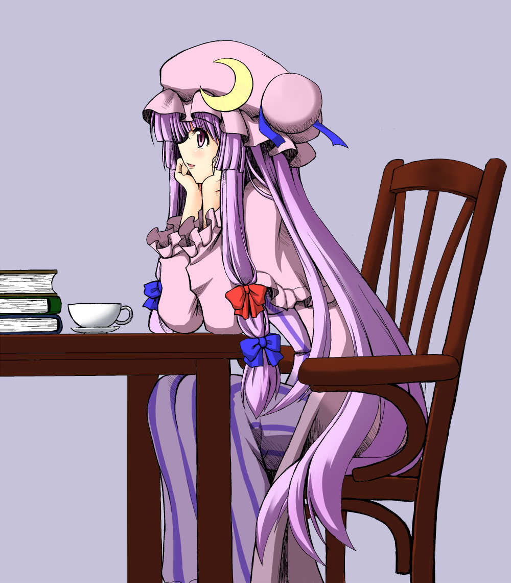1girl blush book chair crescent hat iwanori long_hair patchouli_knowledge purple_hair simple_background sitting smile solo touhou very_long_hair violet_eyes