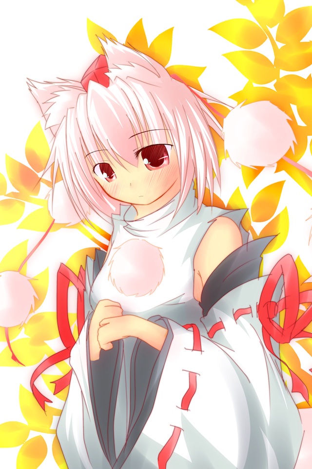 1girl artist_request blush detached_sleeves hat inubashiri_momiji red_eyes solo source_request tokin_hat touhou white_hair wolf_ears