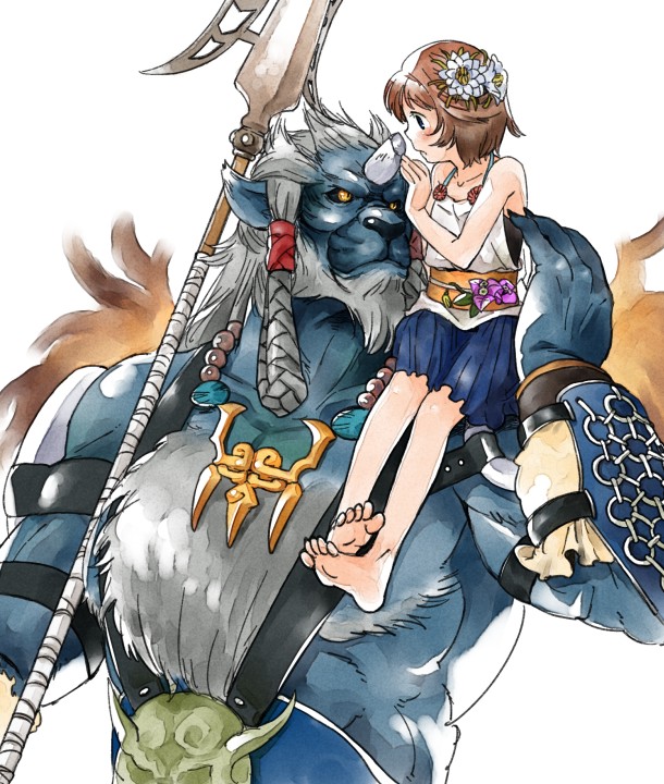 1girl backlighting bare_shoulders barefoot beard blue_skin broken_horn brown_hair child collarbone facial_hair final_fantasy final_fantasy_x flower fur hair_flower hair_ornament horn kimahri_ronso muscle ronso sitting sitting_on_shoulder skirt toes weapon white_background yellow_eyes young yukataro yuna