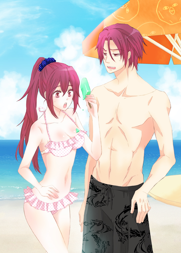 1boy 1girl beach bikini brother_and_sister free! long_hair matsumoto_tsubomi matsuoka_gou matsuoka_rin ponytail popsicle red_eyes redhead short_hair shorts siblings swim_trunks swimsuit