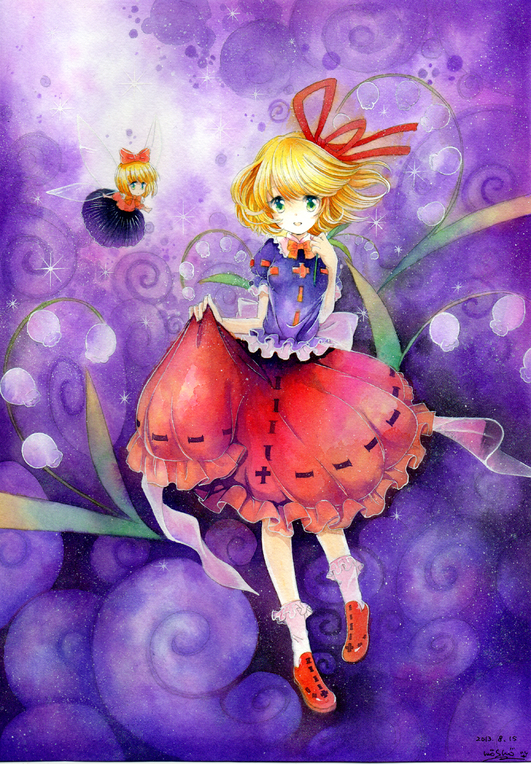 1girl artist_name blonde_hair dated fairy_wings flower frills green_eyes hair_ornament hair_ribbon highres lily_of_the_valley looking_at_viewer medicine_melancholy mosho open_mouth poison ribbon shirt short_hair signature skirt smile solo su-san touhou traditional_media watercolor_(medium) wings