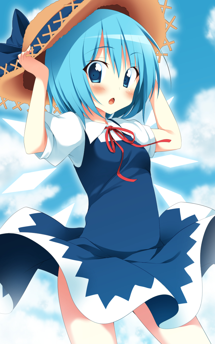 1girl alternate_headwear blue_dress blue_eyes blue_hair blue_sky blush chestnut_mouth cirno clouds dress dress_lift hands_on_hat hat hat_ribbon highres ice ice_wings looking_at_viewer oniku-chan open_mouth puffy_sleeves ribbon shirt short_sleeves sky solo straw_hat touhou upskirt wind_lift wings