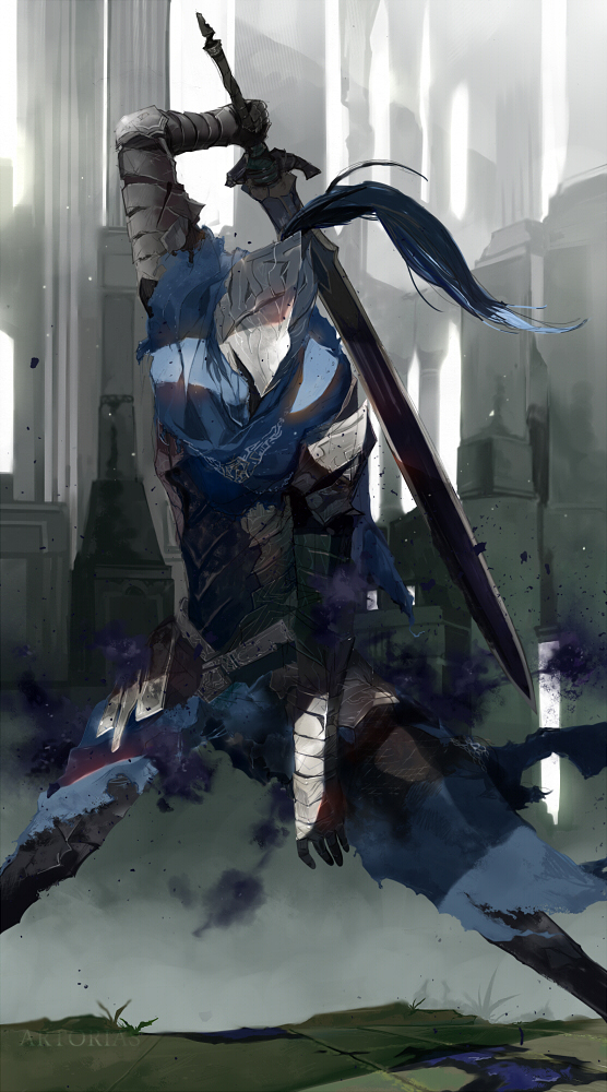 armor artorias_the_abysswalker dark_souls injury shadow solo sword weapon yuu_(yu1you2iu3)