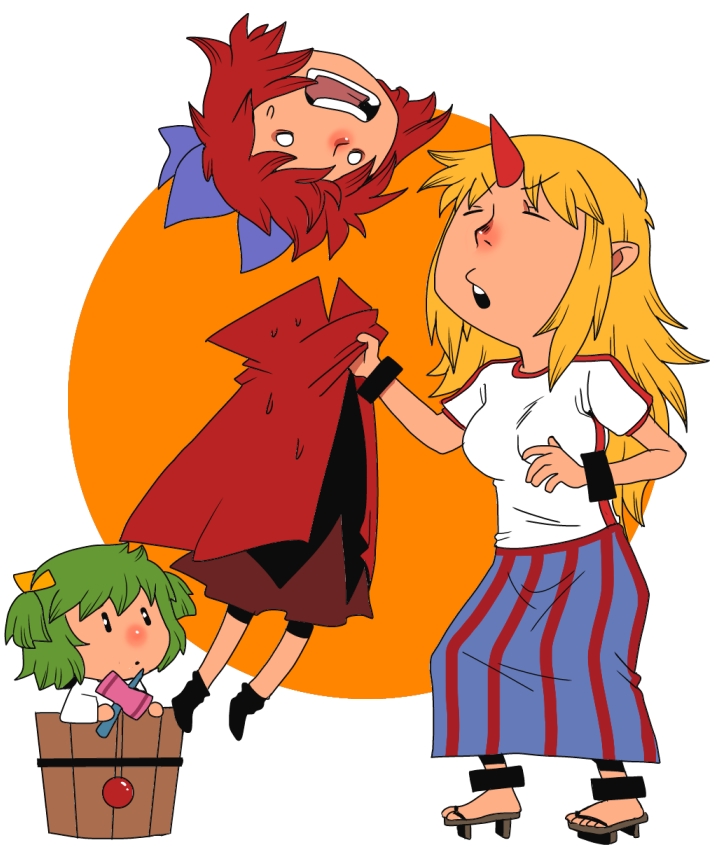 3girls alternate_headwear blonde_hair bow bucket cape geta green_hair hair_bow hair_ribbon horn hoshiguma_yuugi in_bucket in_container kendama kisume long_hair long_skirt multiple_girls onikobe_rin open_mouth redhead ribbon sekibanki severed_head shackle shirt skirt touhou twintails very_long_hair