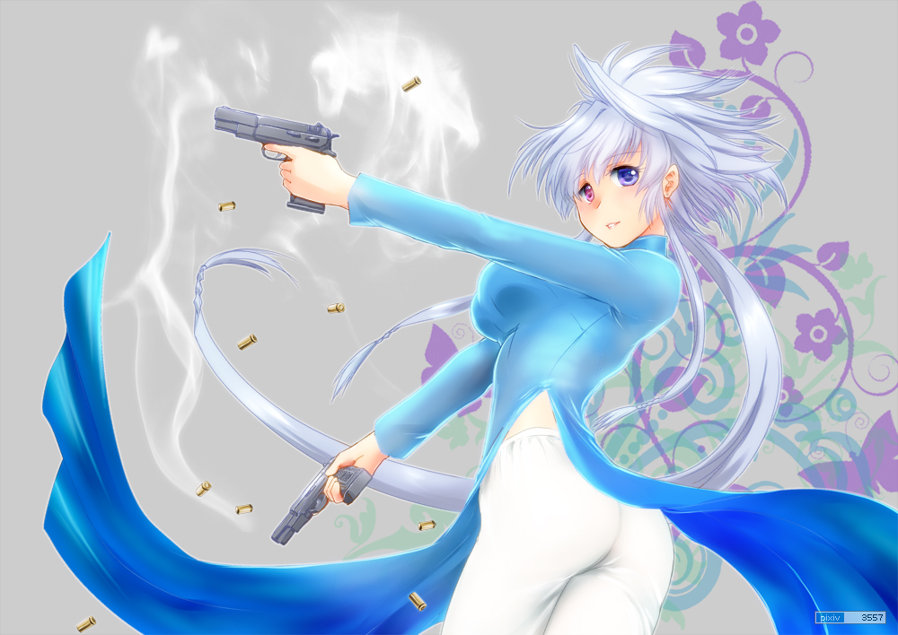 1girl ass blue_eyes breasts dual_wielding gun hetero lavolpe_(yagisaka_seto) long_sleeves pistol purple_hair shell_casing tagme trigger_discipline vietnamese_dress violet_eyes weapon yagisaka_seto