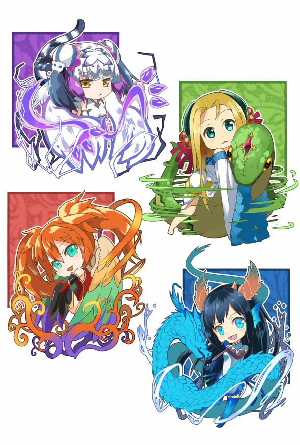 4girls animal_ears aqua_eyes black_hair blonde_hair blue_eyes cat_hair_ornament double_bun dragon haku_(p&amp;d) karin_(p&amp;d) leilan_(p&amp;d) long_hair meimei_(p&amp;d) multiple_girls nyori open_mouth orange_hair puzzle_&amp;_dragons short_hair silver_hair smile tail tiger_tail triangle_mouth turtleneck twintails yellow_eyes