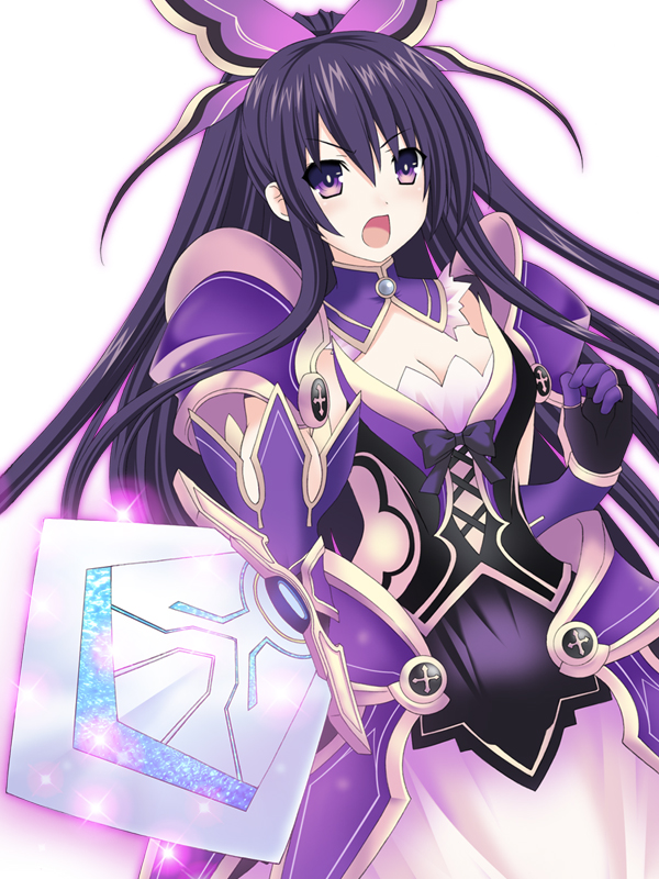 1girl armor armored_dress bow breasts cleavage date_a_live kagura_ittou long_hair looking_at_viewer open_mouth purple_hair solo sword violet_eyes weapon white_background yatogami_tooka