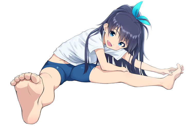 1girl aqua_eyes barefoot bike_shorts black_hair blue_bike_shorts exercise fan fang feet ganaha_hibiki hair_ribbon hamuzou idolmaster midriff mofu ponytail ribbon shorts sitting soles solo spread_toes stretching toe_scrunch toes white_background white_shirt