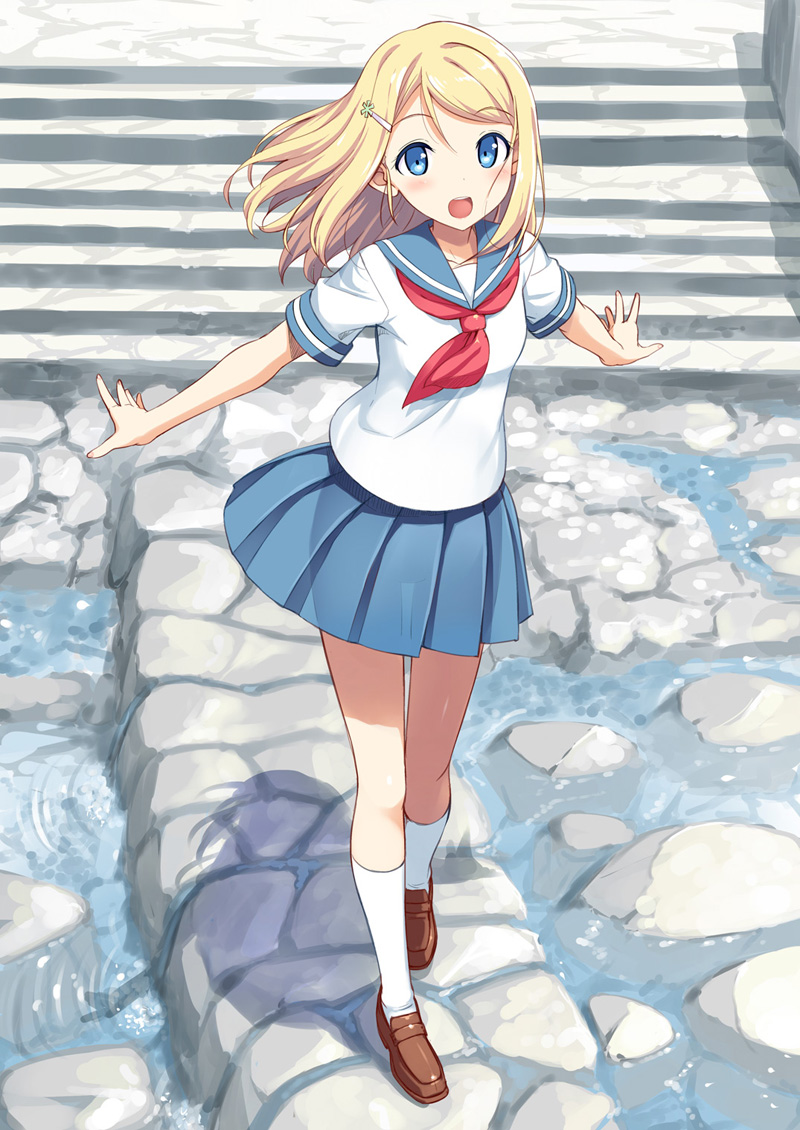 1girl ayase_arisa blonde_hair blue_eyes from_above full_body hair_ornament hairclip loafers long_hair looking_at_viewer love_live!_school_idol_project open_mouth outdoors outstretched_arms pleated_skirt school_uniform see-through serafuku shoes skirt smile socks solo spread_arms stairs standing takayaki water
