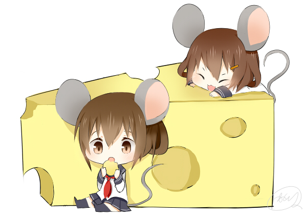 2girls animal_ears brown_eyes brown_hair cheese closed_eyes eating ikazuchi_(kantai_collection) inazuma_(kantai_collection) kantai_collection katori_(quietude) mouse_ears mouse_tail multiple_girls short_hair tail