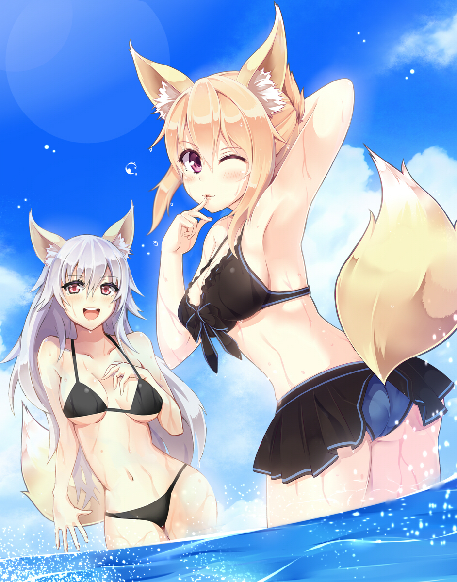 2girls animal_ears arm_up armpits ass bikini black_bikini blonde_hair blush breasts clouds feet_in_water finger_to_mouth fox_ears fox_tail highres long_hair multiple_girls navel open_mouth original paparins red_eyes silver_hair sky smile soaking_feet swimsuit tail violet_eyes water wet wink