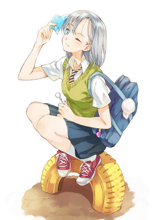 1girl bag blue_eyes blush candy lollipop necktie pom_pom_(clothes) school_uniform shoes short_hair shoulder_bag silver_hair simple_background sneakers solo squatting striped striped_necktie tire white_background wink yuu_(warm_water)