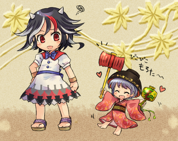 2girls ^_^ black_hair bow bowl closed_eyes dress female hand_on_hip heart horns japanese_clothes kijin_seija mallet multiple_girls open_mouth pote_(ptkan) purple_hair red_eyes redhead sandals short_hair silver_hair smile squiggle sukuna_shinmyoumaru tongue tongue_out touhou