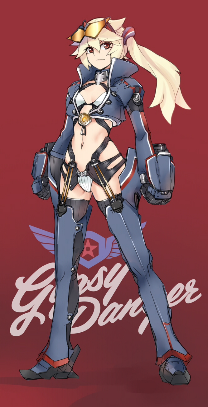 1girl ban bikini blonde_hair breasts cleavage garter_belt gipsy_danger highres jacket mechanical_arm navel pacific_rim personification ponytail red_eyes side_ponytail solo swimsuit