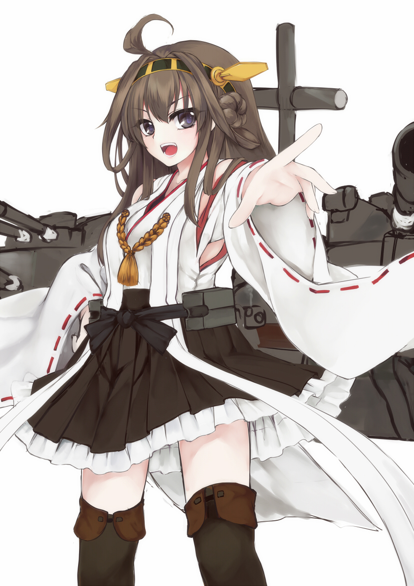 1girl ahoge bare_shoulders blush boots breasts brown_hair detached_sleeves hair_ornament hairband headgear japanese_clothes kantai_collection kongou_(kantai_collection) long_hair looking_at_viewer outstretched_arm personification simple_background skirt smile solo thigh_boots thighhighs utakata_(kochou_no_yume) white_background wide_sleeves