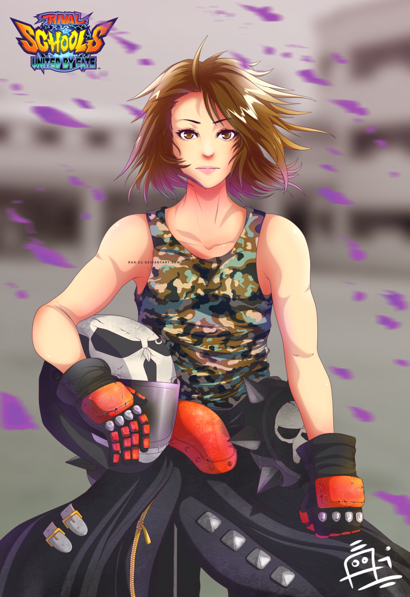 1girl biker_clothes brown_eyes brown_hair camouflage clothes_around_waist gloves headwear_removed helmet helmet_removed jacket_around_waist kazama_akira muscle petals project_justice ran-zu rival_schools rival_schools:_united_by_fate short_hair signature solo tank_top watermark web_address wind