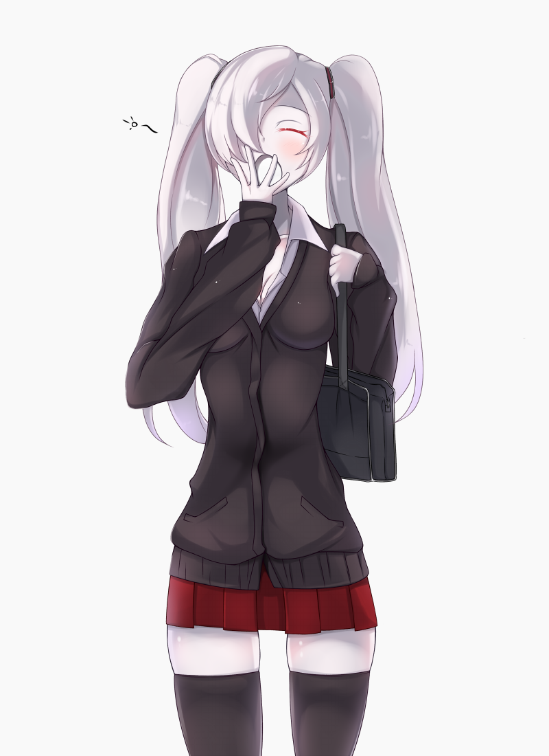 1girl alternate_costume bag bookbag breasts cleavage closed_eyes kantai_collection kotohane pale_skin personification school_uniform shinkaisei-kan sleeves_past_wrists solo southern_ocean_oni thighhighs twintails white_hair yawning