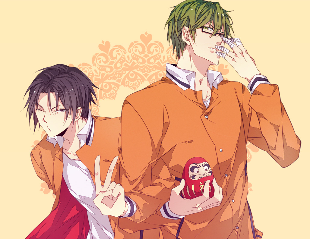 2boys bandages black_eyes black_hair daruma_doll glasses green_eyes green_hair kuroko_no_basuke midorima_shintarou multiple_boys sara666 takao_kazunari track_jacket v wink