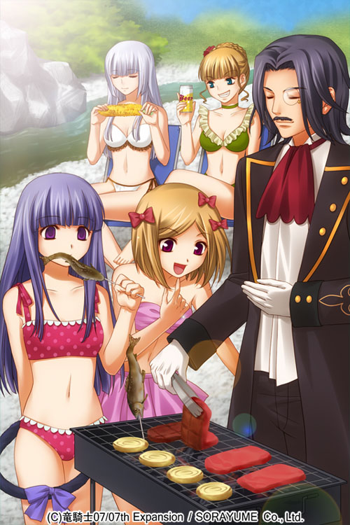 1boy 4girls alcohol barbecue beatrice beer bikini black_hair blonde_hair blue_eyes blue_hair bow cat_tail closed_eyes coat corn cravat eating facial_hair fish flower food frederica_bernkastel grin hair_bow hair_bun hair_flower hair_ornament izumi_natsuka lambdadelta meat monocle multiple_girls mustache red_eyes ronove silver_hair smile swimsuit tail tongs umineko_no_naku_koro_ni violet_eyes virgilia